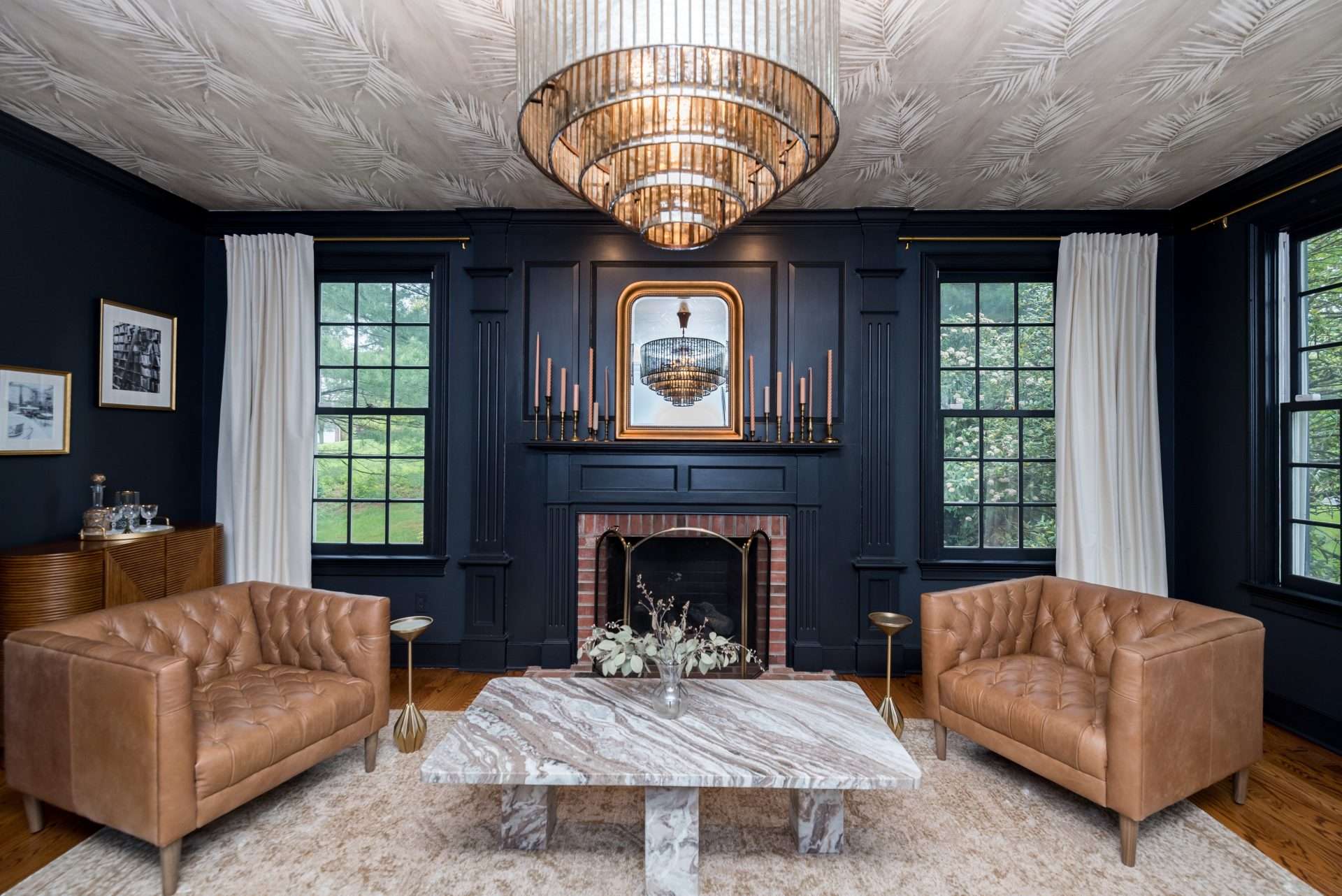 Bucks County living room with dark paint
